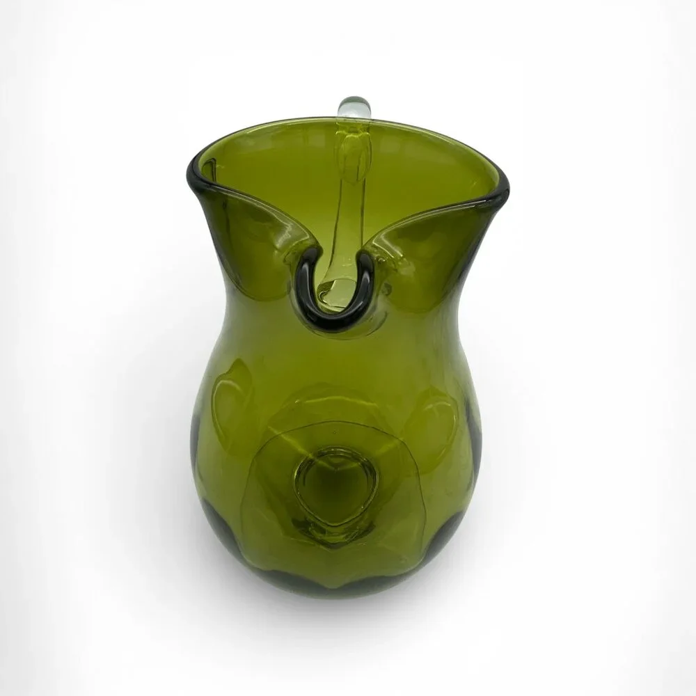 Vintage Avocado Green Art Glass Pitcher Pedestal Base Applied Handle MCM - Picture 6 of 11